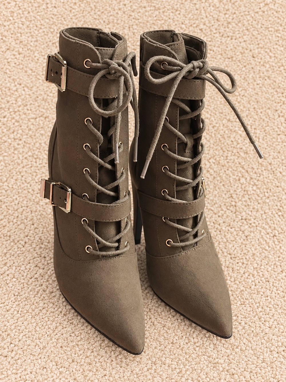 Women Lace-Up Pointed Toe Ankle Boots in Olive Green